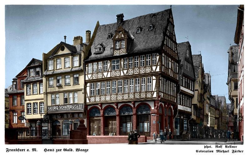 Alte Fachwerkhäuser am Frankfurter Römerberg-Marktplatz, Postkarte koloriert, um 1900